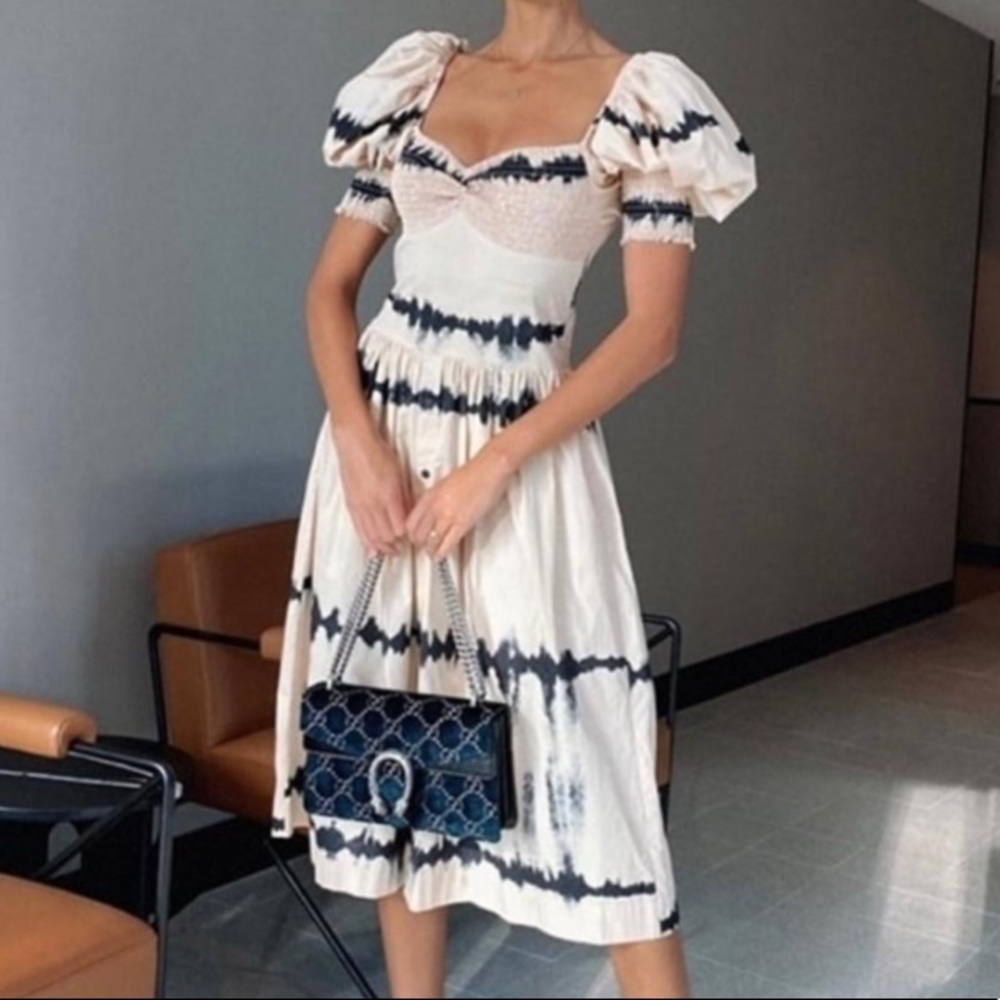 S/W/F Abode Puff Sleeve Sweetheart Smocked Tie Dye Boho Midi Dress NWT